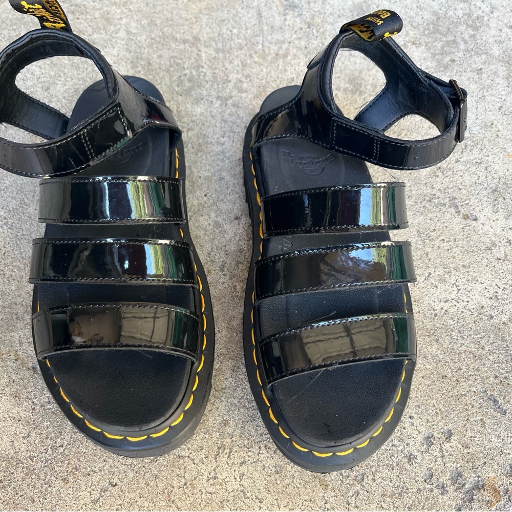 Dr. Martens Black Patent Kids Fisherman Sandals with Yellow Stitching